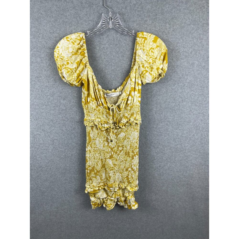Sweet Pot Top Women's S Yellow‎ Floral Print Open Back Round Neck Tie Up Puff
